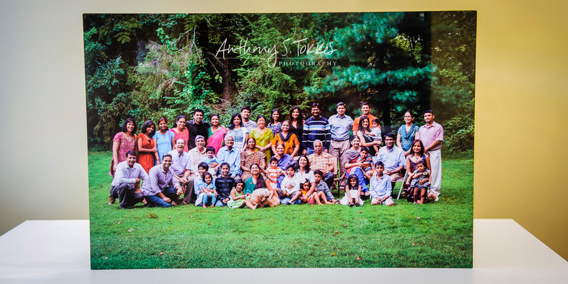 Family reunion group portrait printed on metal wall art