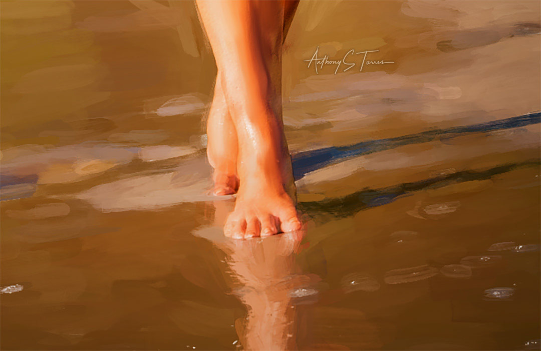 Closeup of Painted Brush Strokes of Woman's Feet on Beach