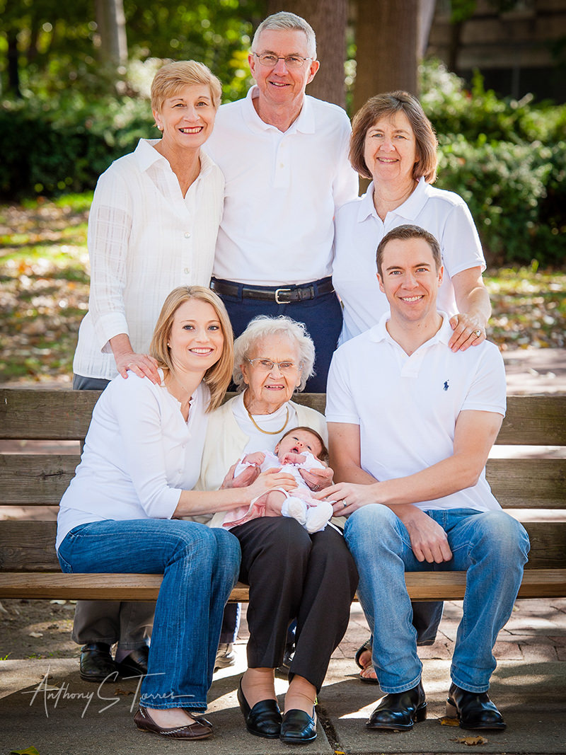 Four generations of women and family portrait in park