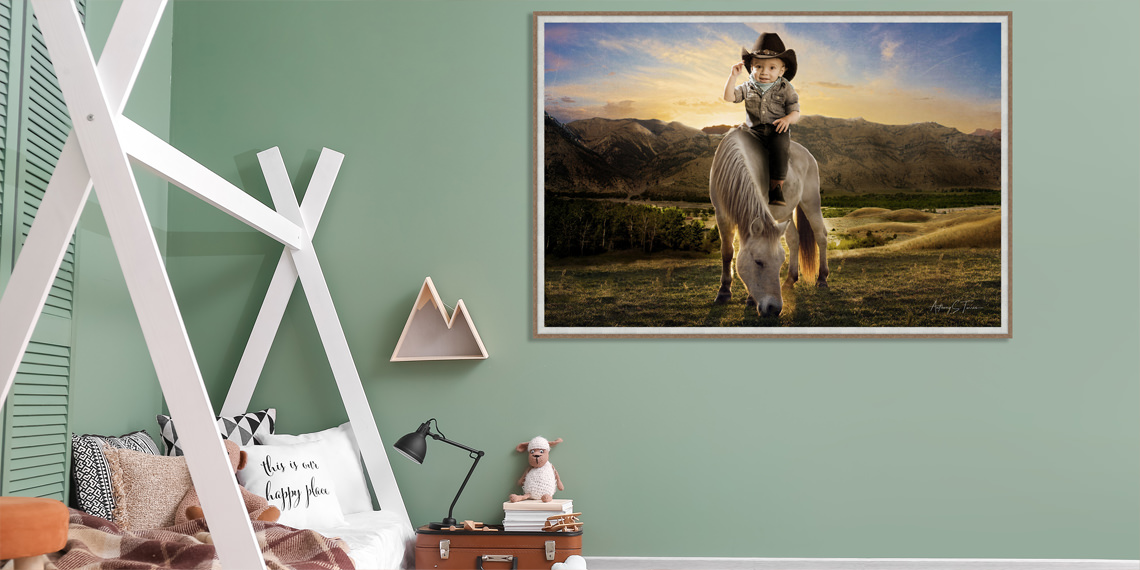 Fantasy Portraits - Boy as Cowboy on Horse with Mountain Behind